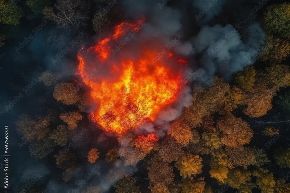 Top view of raging forest fire. Rapidly spreading wildfire Top view of raging forest fire. Rapidly spreading wildfire