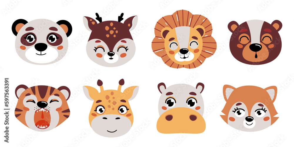 A beautiful set of vector collection of cute animal heads in a children's style. Vector illustration