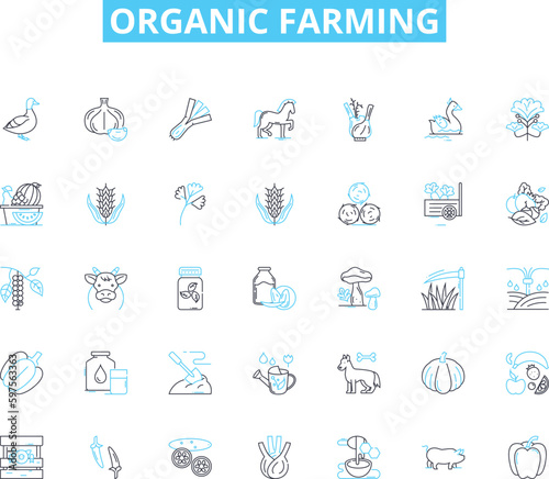 Organic farming linear icons set. Sustainability, Soil, Pesticides, Crops, Fertilizer, Compost, Biodiversity line vector and concept signs. Agriculture,Health,Natural outline Generative AI