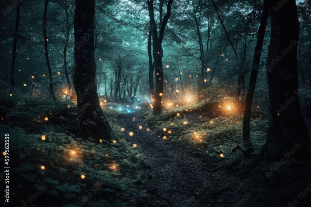 Magic fairy tale forest at night. Fantasy forest with glowing lights. Created with Generative AI