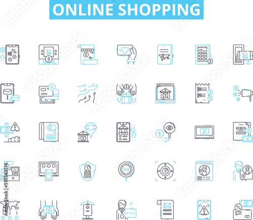 Online shopping linear icons set. E-commerce, Digital, Consumerism, Cyber, Marketplace, Internet, Virtual line vector and concept signs. Retail,Shopping,E-tail outline illustrations Generative AI