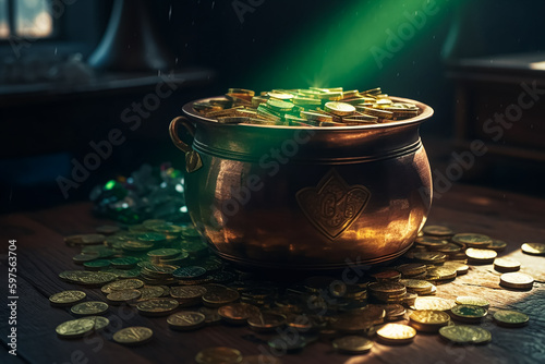 A pot of gold sits on a table with a green smoke coming out of it. St. Patrick's Day. Generative AI