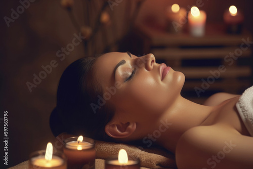 Face massage for beautiful woman. Facial beauty treatment. Cosmetic procedures. Attractive young girl relaxing in spa salon. Created with Generative AI