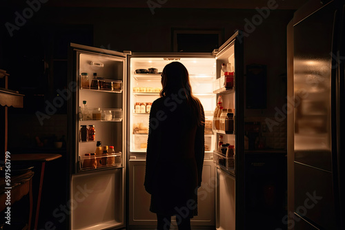 Hungry woman looking for food in fridge at night. Rear view of female standing in front of open refrigerator. Created with Generative AI