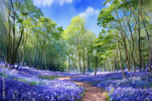 Bluebell Wood - Water Colour Painting. Generative AI