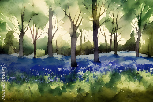 Bluebell Wood - Water Colour Painting. Generative AI