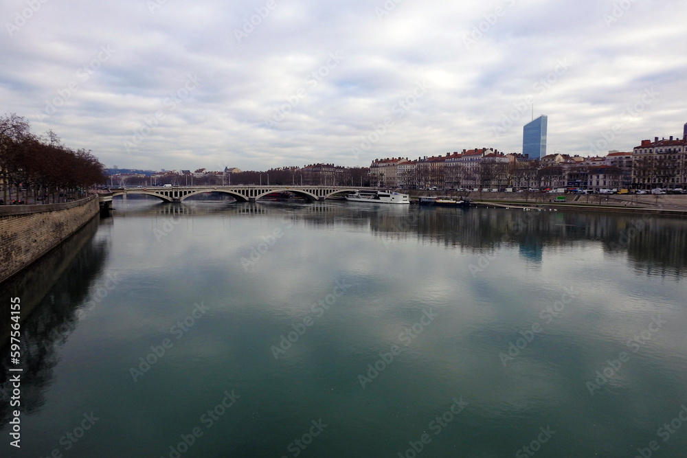 View of the Wilson bridge over the Saone river, Lyon, France