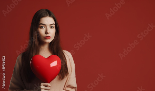 A girl holding a heart red background