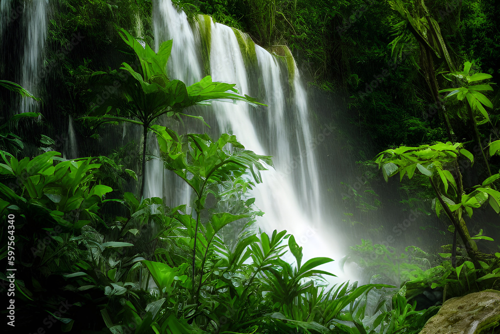 waterfall in a tropical jungle, Generative AI waterfall in a tropical jungle, Generative AI