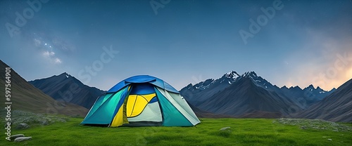 Illustration of a tent in the middle of the mountains in a beautiful night.created by ai.