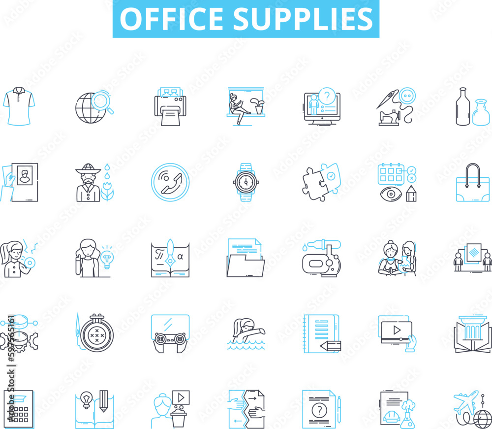 Office supplies linear icons set. Pens, Paper, Staples, Paperclips, Markers, Highlighters, Pencils line vector and concept signs. Erasers,Post-its,Tape outline illustrations Generative AI Office supplies linear icons set. Pens, Paper, Staples, Paperclips, Markers, Highlighters, Pencils line vector and concept signs. Erasers,Post-its,Tape outline illustrations Generative AI