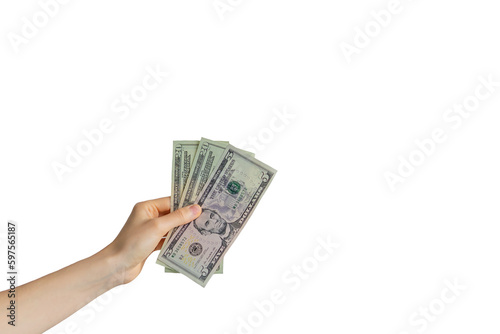 hand holds money banknotes dollars on a white background. business concept of money transfer, cash payment.