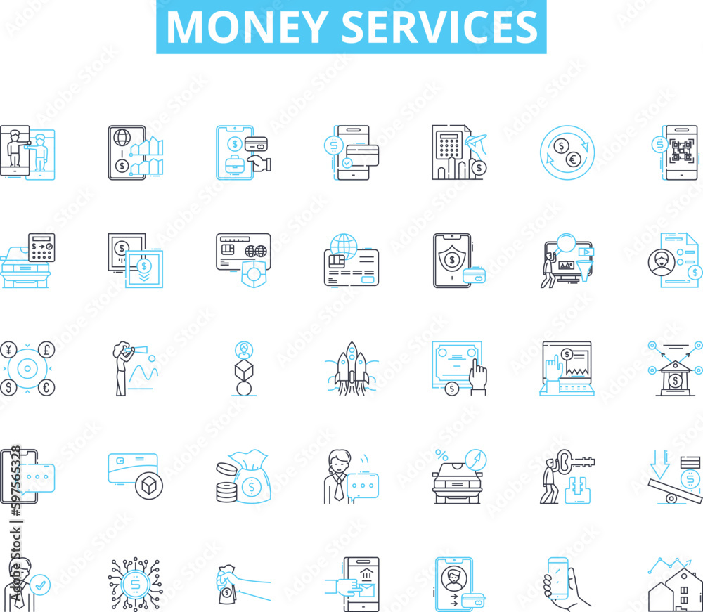Money services linear icons set. Banking, Checking, Saving, Investing, Loans, Insurance, Credit line vector and concept signs. Debit,Savings,Checking account outline illustrations Generative AI