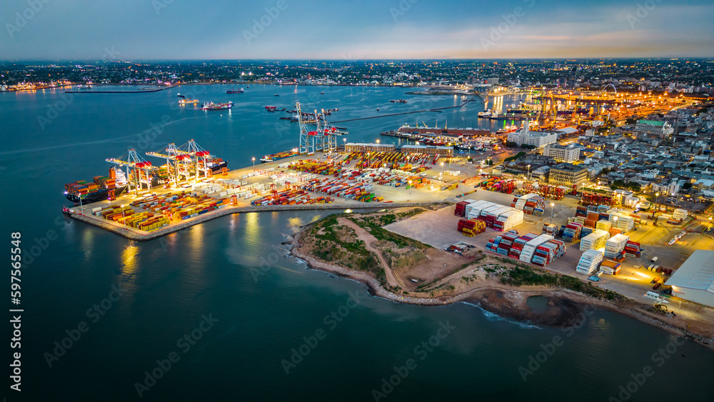 uruguay Montevideo aerial view of port illuminated at night  - obrazy, fototapety, plakaty 