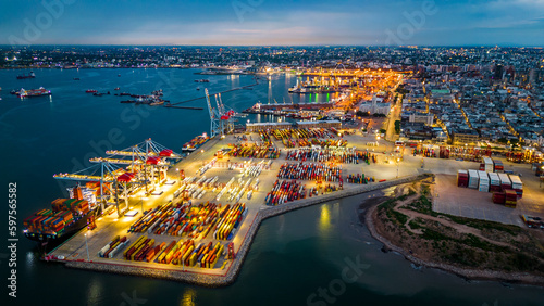 aerial of port harbour commercial cargo boat in Montevideo Uruguay illuminated at night