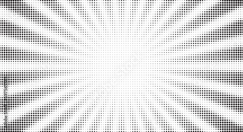 Halftone gradient sun rays pattern. abstract halftone vector dots background. monochrome dots pattern. pop art, comic small dots. star rays halftone poster. shine, explosion. sunrise rays background.