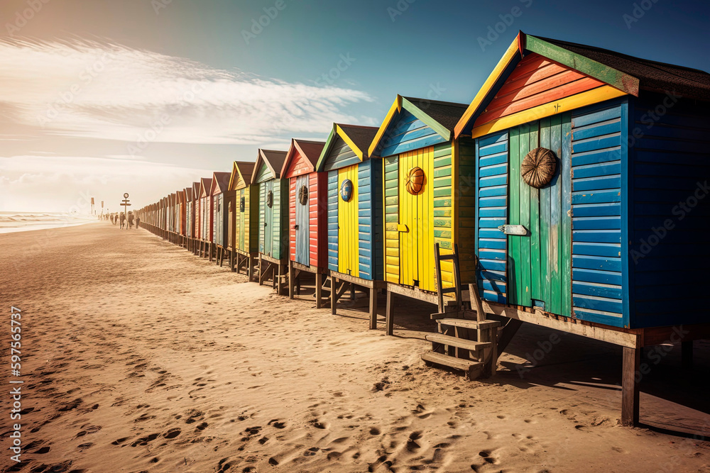 Generative AI illustration of Vividly colored wooden beach huts on the sand of the beach Generative AI illustration of Vividly colored wooden beach huts on the sand of the beach