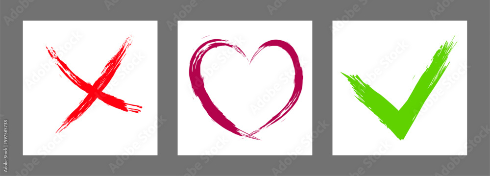 The cross, heart and OK symbol are hand-drawn with a brush. Prohibition, denial, error. Love. Approval, consent. Vector, set of 3 characters The cross, heart and OK symbol are hand-drawn with a brush. Prohibition, denial, error. Love. Approval, consent. Vector, set of 3 characters