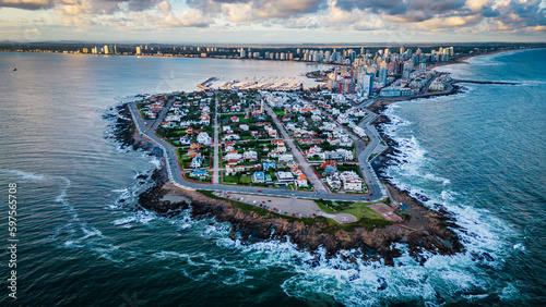 Aerial of Punta del Este Uruguay drone fly above scenic skyline with modern skyscraper buildings