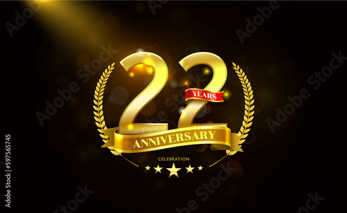 22 Years Anniversary in laurel wreath Gold Ribbon