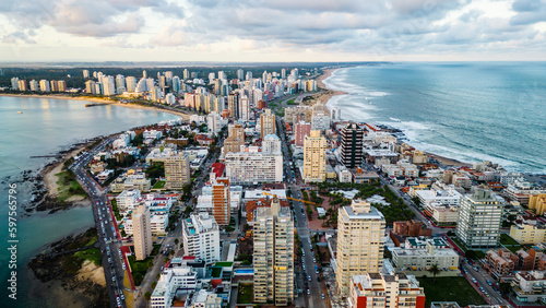 Punta del Este Uruguay aerial drone view port moored boat sailing Atlantic Ocean skyline during sunset photo