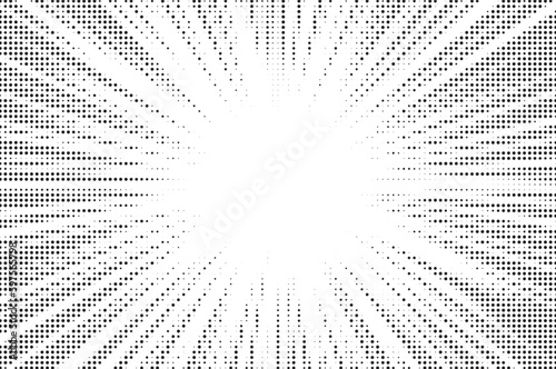 halftone gradient sun rays pattern. abstract halftone vector dots background. monochrome dots pattern. pop art, comic small dots. star rays halftone poster. shine, explosion. sunrise rays background.