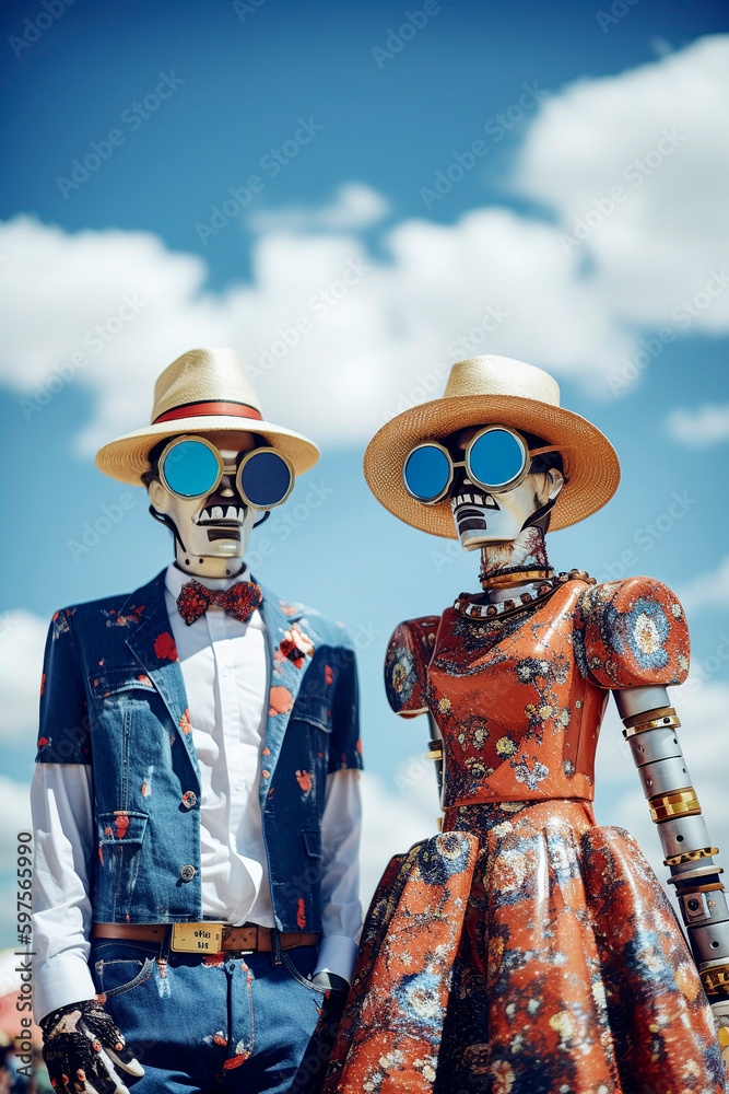 Generative AI illustration of portrait of couple of man and woman artificial intelligence robots in love dressed in latest fashion with sunglasses and hat