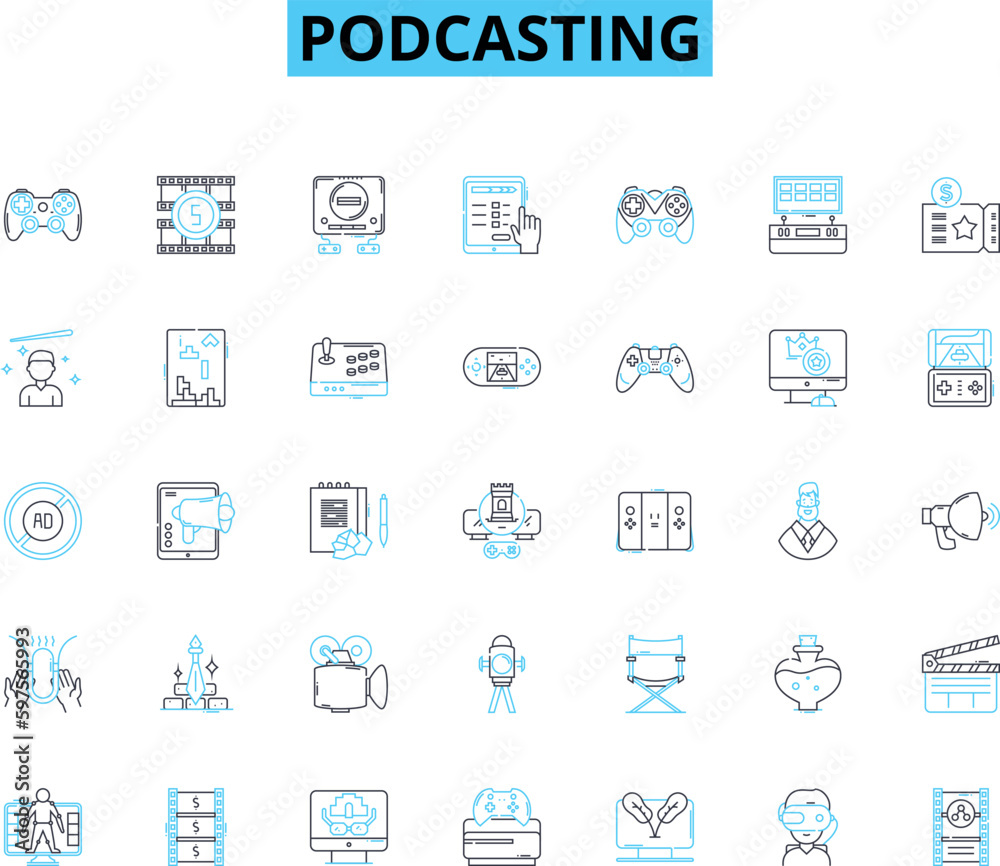Podcasting linear icons set. Audible, Entertaining, Informative, Engaging, Streamlined, Portable, Innovative line vector and concept signs. Streaming,Broadcast,Mobile outline Generative AI