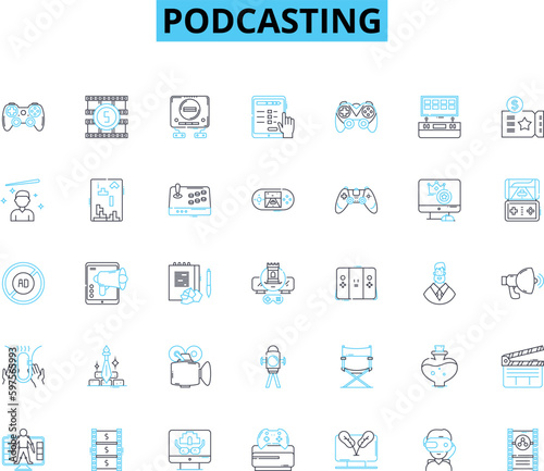 Podcasting linear icons set. Audible, Entertaining, Informative, Engaging, Streamlined, Portable, Innovative line vector and concept signs. Streaming,Broadcast,Mobile outline Generative AI