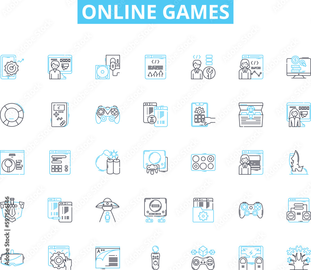 Online games linear icons set. Gaming, Multiplayer, Virtual, Adventure, Action, Strategy, Simulation line vector and concept signs. Role-playing,Fantasy,Sports outline illustrations Generative AI
