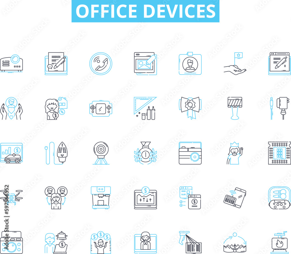 Office devices linear icons set. Printer, Scanner, Copier, Fax, Mouse, Keyboard, Monitor line vector and concept signs. Laptop,Computer,Printer cartridge outline illustrations Office devices linear icons set. Printer, Scanner, Copier, Fax, Mouse, Keyboard, Monitor line vector and concept signs. Laptop,Computer,Printer cartridge outline illustrations