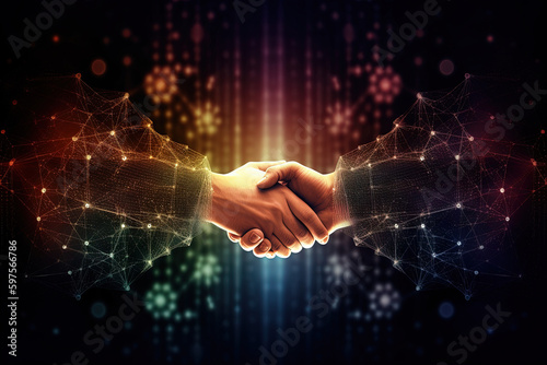 Business finance handshake partnership, investment agreement, financial deal, corporate contract, business acquisition, trading stocks and crypto, money technology asset background. Generative AI © Paul