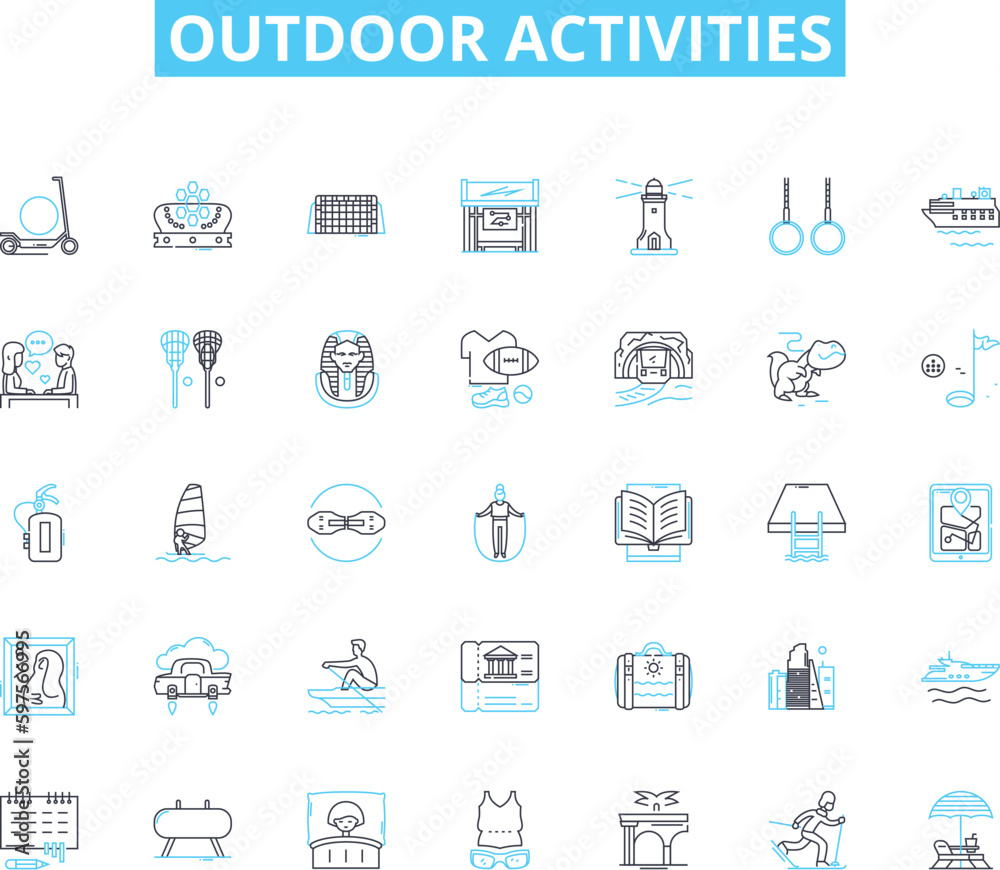 Outdoor activities linear icons set. Hiking, Camping, Fishing, Hunting, Boating, Kayaking, Canoeing line vector and concept signs. Rock climbing,Mountain biking,Horseback riding outline illustrations