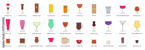 Cocktail glasses set, filled style vector illustration
