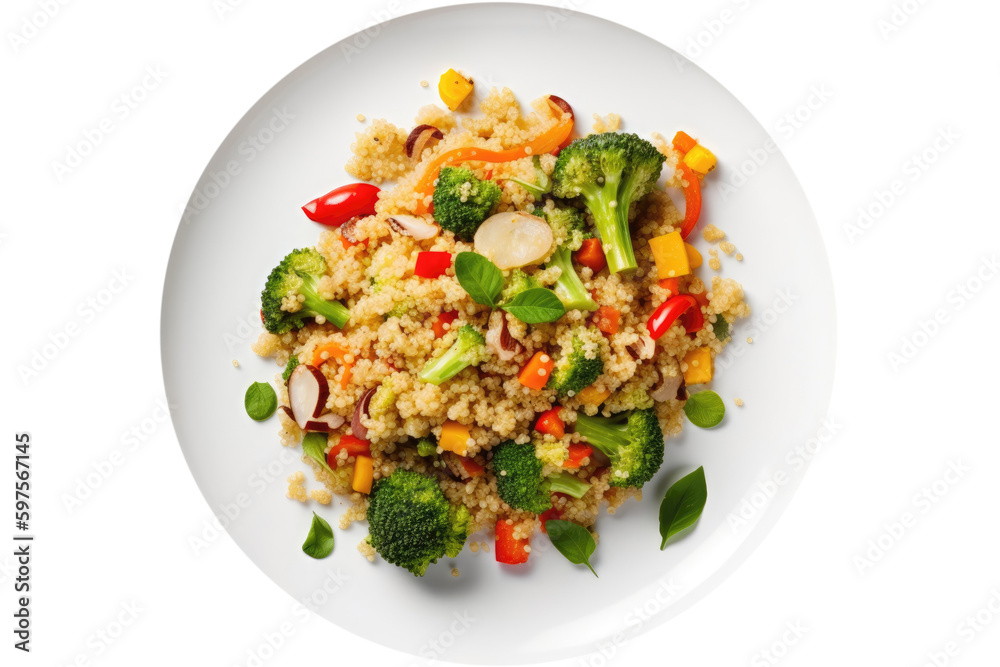 Quinoa And Vegetable Stirfry On A White Plate. Gluten-Free Food On Isolated Transparent Background, Png. Generative AI Quinoa And Vegetable Stirfry On A White Plate. Gluten-Free Food On Isolated Transparent Background, Png. Generative AI