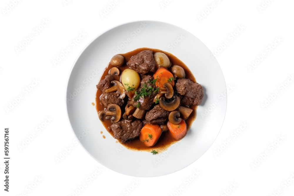 Beef And Mushroom Stew On A White Plate. Gluten-Free Food On Isolated Transparent Background, Png. Generative AI Beef And Mushroom Stew On A White Plate. Gluten-Free Food On Isolated Transparent Background, Png. Generative AI