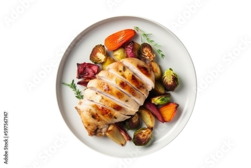 Grilled Chicken With Roasted Vegetables On A White Plate. Gluten-Free Food On Isolated Transparent Background, Png. Generative AI