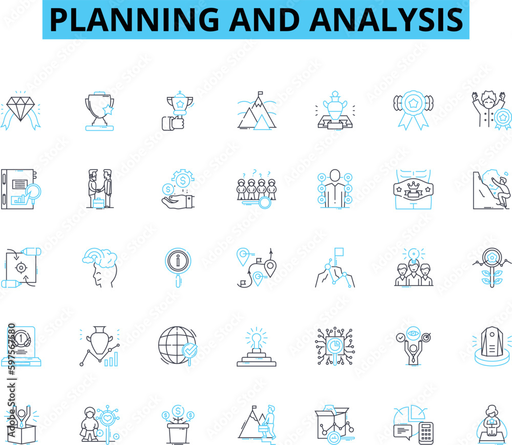 Planning and analysis linear icons set. Strategy, Forecasting, Optimization, Research, Assessment, Evaluation, Brainstorming line vector and concept signs. Implementation,Resource allocation,Decision Planning and analysis linear icons set. Strategy, Forecasting, Optimization, Research, Assessment, Evaluation, Brainstorming line vector and concept signs. Implementation,Resource allocation,Decision