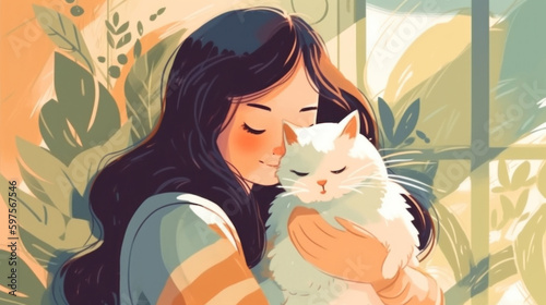 A little girl embraces her furry friend in a cozy and peaceful moment. Generative AI