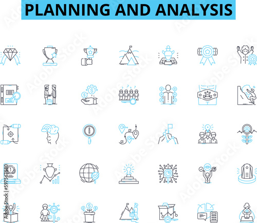 Planning and analysis linear icons set. Strategy, Forecasting, Optimization, Research, Assessment, Evaluation, Brainstorming line vector and concept signs. Implementation,Resource allocation,Decision