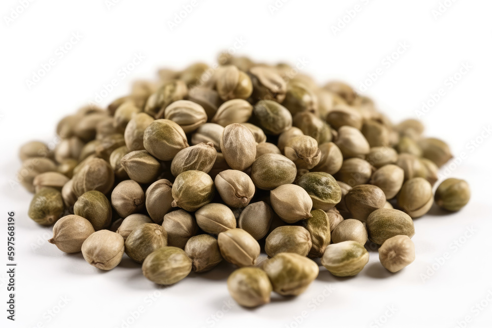 Hemp Seeds On White Background. Generative AI Hemp Seeds On White Background. Generative AI