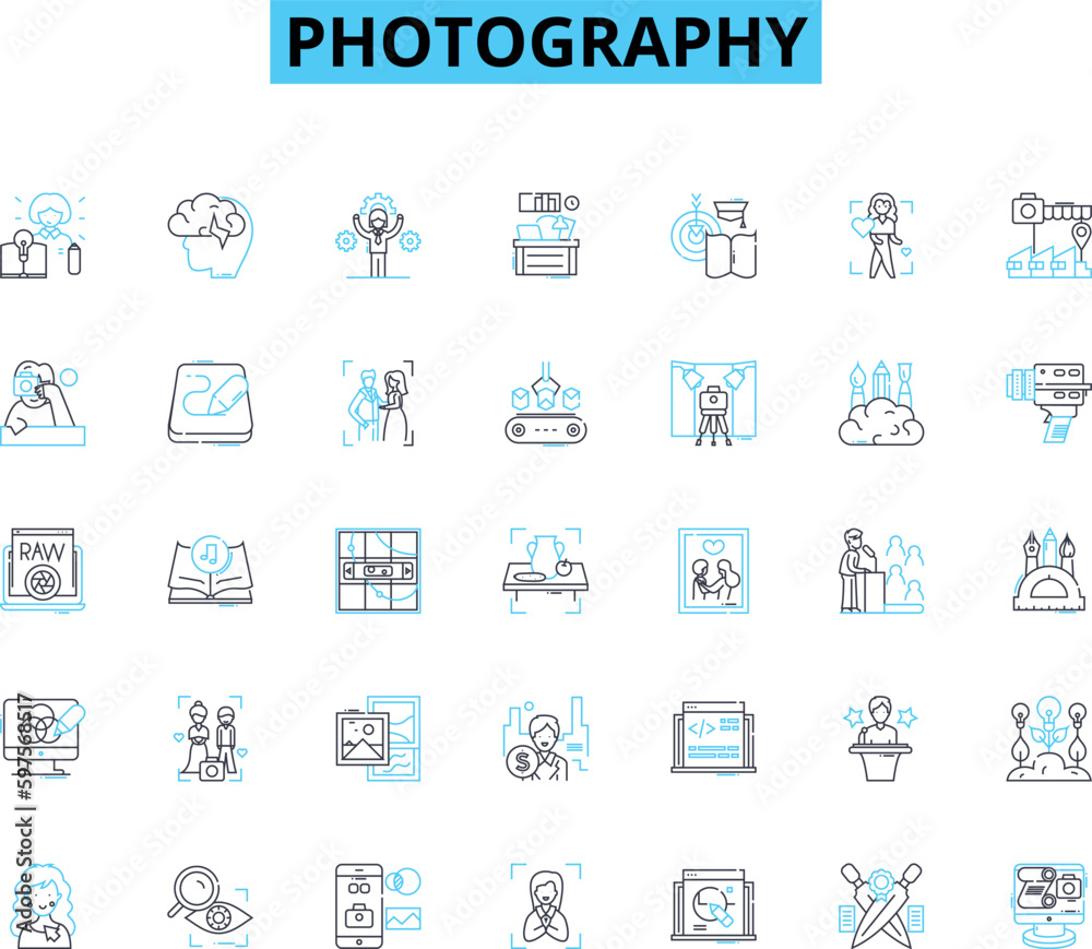 Photography linear icons set. Exposure, Aperture, Shutter, Focus, Composition, Light, Shadows line vector and concept signs. Contrast,Depth,Angle outline illustrations