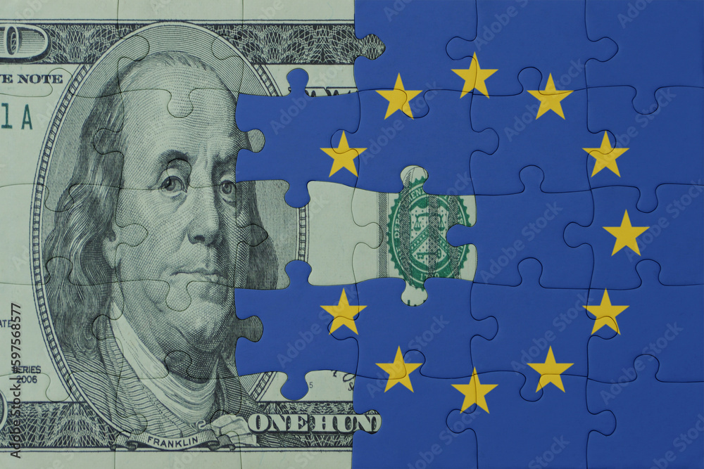puzzle with the national flag of european union and dollar money banknote. macro.concept.