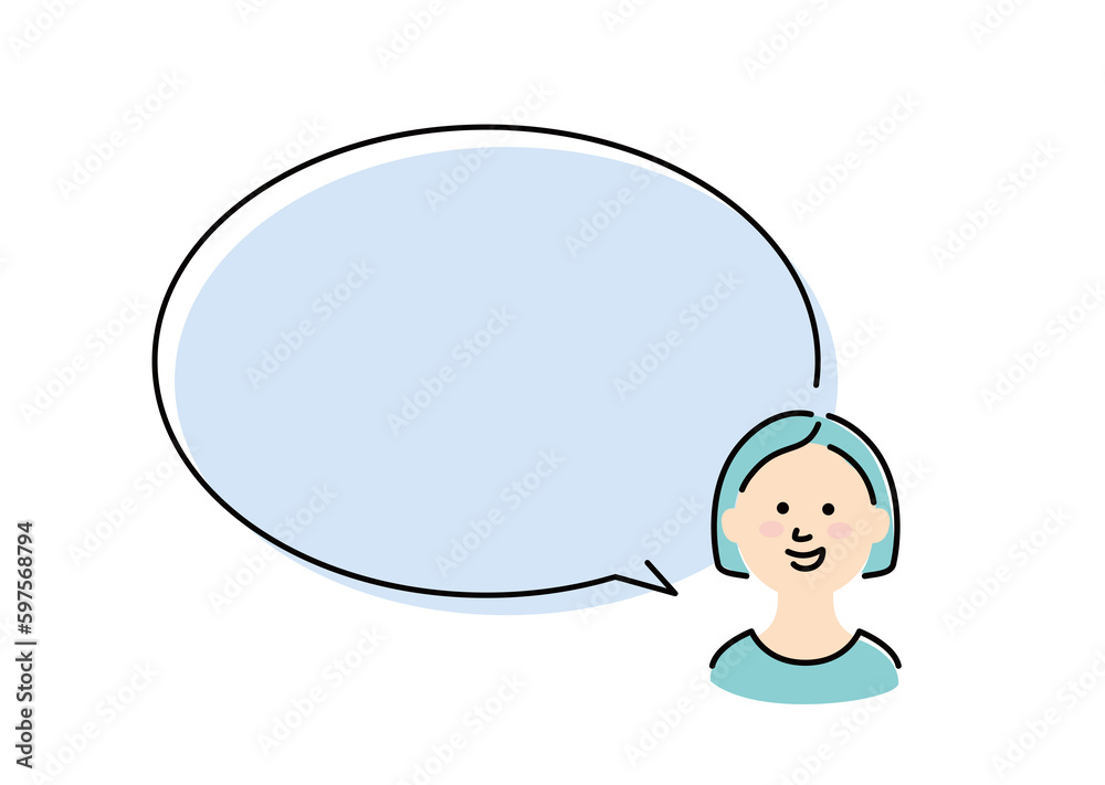 This illustration shows a woman with bobbed hair who speaks with a large speech balloon and a smile. This illustration shows a woman with bobbed hair who speaks with a large speech balloon and a smile.