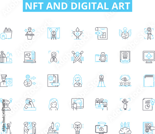 NFT and digital art linear icons set. Cryptocurrency, Blockchain, Tokenization, Digital, Arrk, Ownership, Authenticity line vector and concept signs. Rare,Collectible,Value outline illustrations