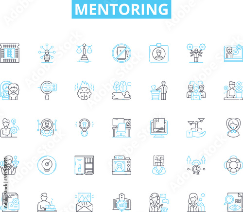 Mentoring linear icons set. Learning, Guidance, Coaching, Support, Advise, Experience, Sharing line vector and concept signs. Leadership,Development,Empowerment outline illustrations