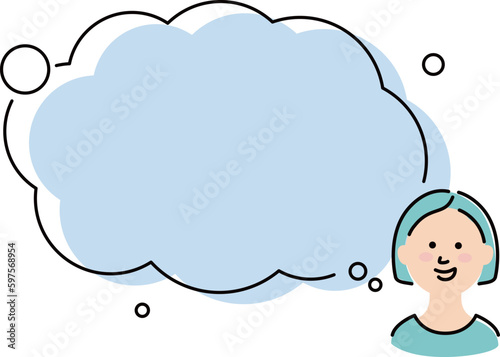 This illustration shows a bobbed-haired girl with a big balloon and imagining fun things to do.
