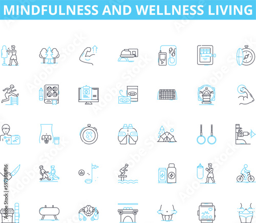 Mindfulness and wellness living linear icons set. Presence, Clarity, Tranquility, Serenity, Stillness, Calmness, Balance line vector and concept signs. Harmony,Relaxation,Grounding outline