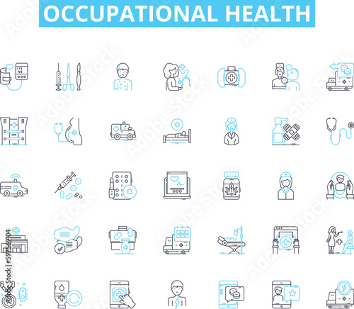 Occupational health linear icons set. Ergonomics, Hazards, Vaccinations, PPE, Wellness, Safety, Compliance line vector and concept signs. Inspection,Rehabilitation,Occupational therapy outline