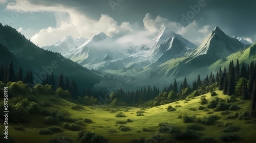Green forest mountain landscape with snow-capped mountains in the distance